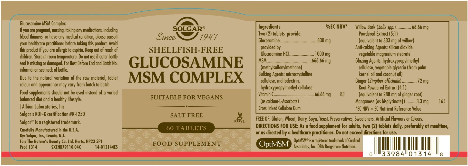 Solgar - Glucosamine MSM Complex Shellfish free 60 tablets