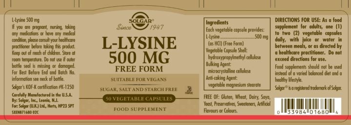 Solgar - L-Lysine 500mg 50 Capsules