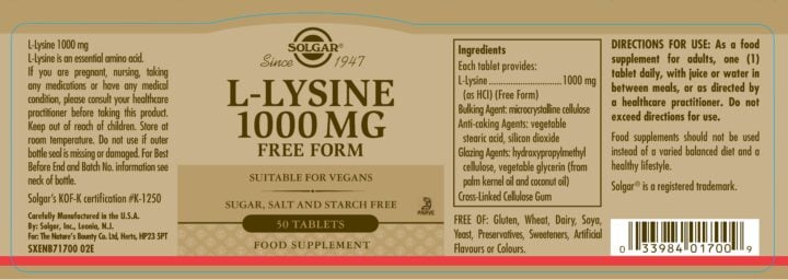 Solgar - L-Lysine 1000 mg 50 Tablets
