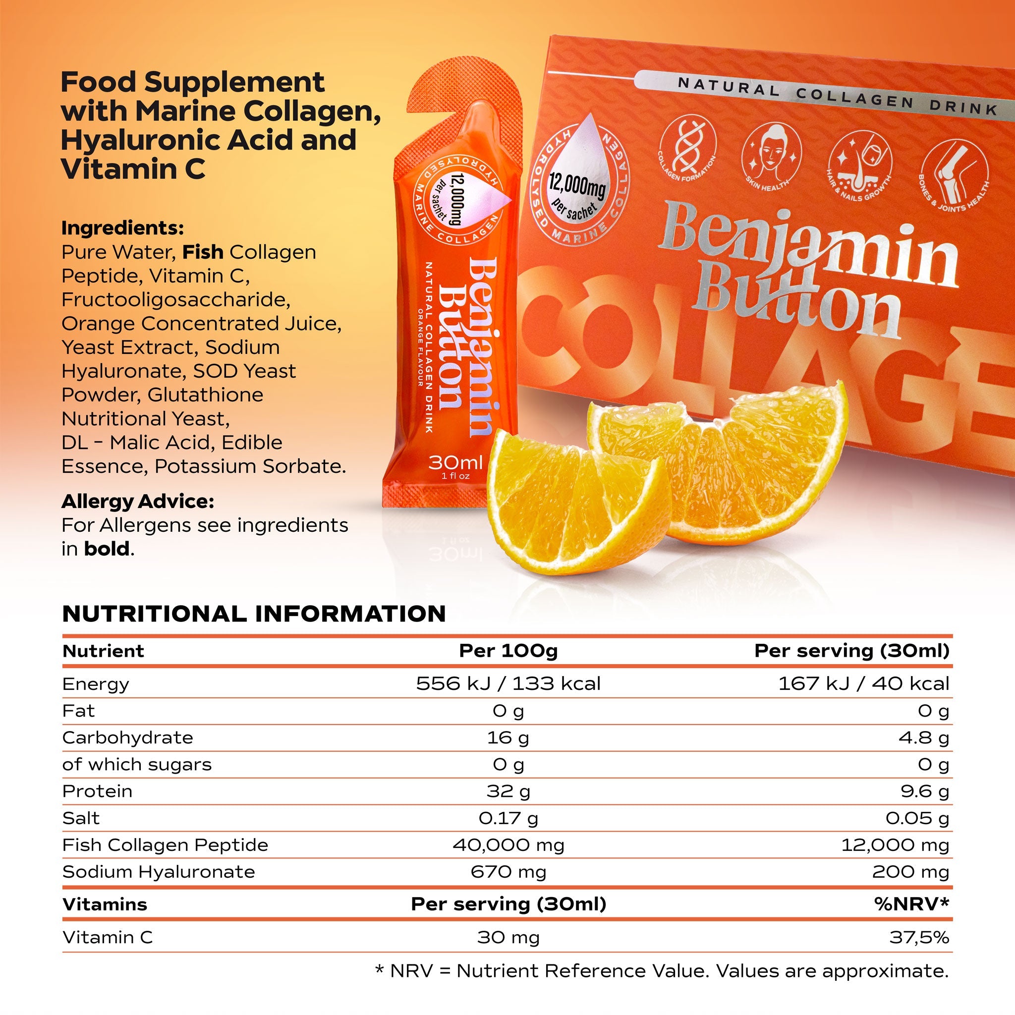 Benjamin Button 12,000mg Marine Collagen Drink - Orange Liquid Sachets