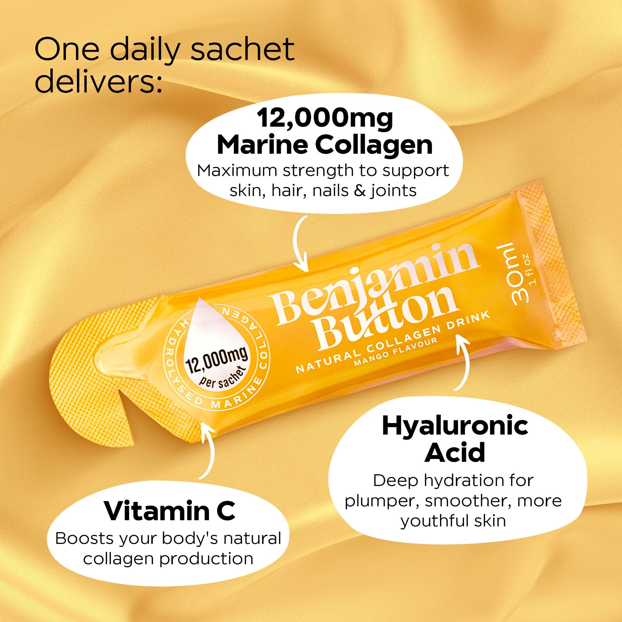 Benjamin Button 12,000mg Marine Collagen Drink - Mango Liquid Sachets