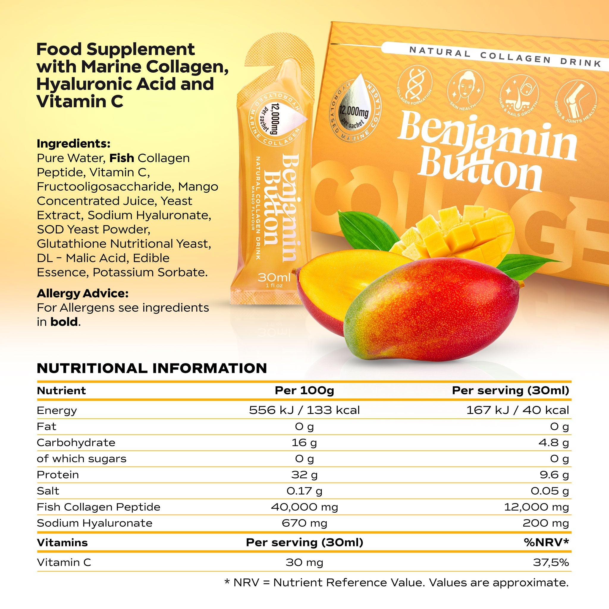 Benjamin Button 12,000mg Marine Collagen Drink - Mango Liquid Sachets
