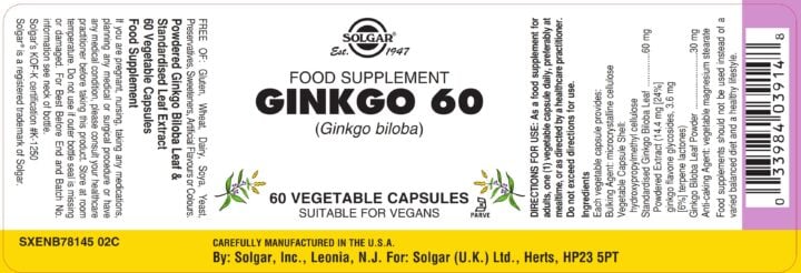 Solgar - Ginkgo 60 Vegetable Capsules