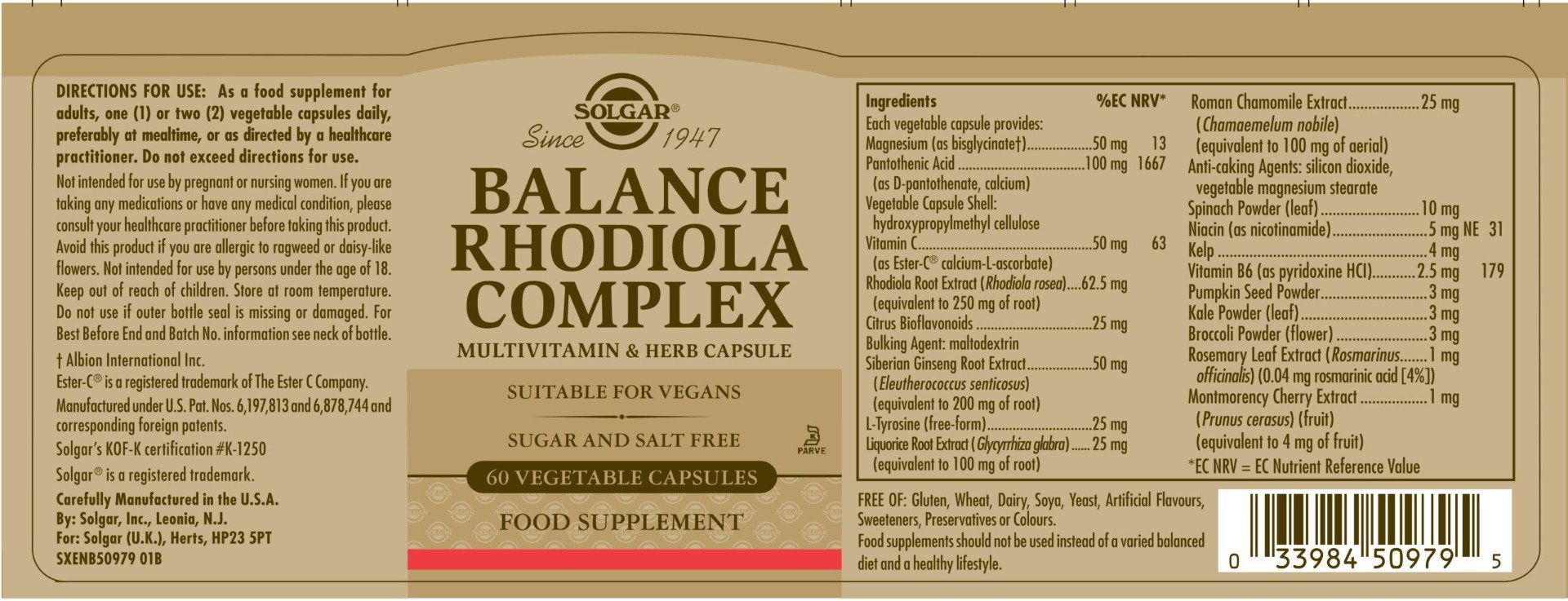 Solgar - Balance Rhodiola Complex 60 Vegetable Capsules