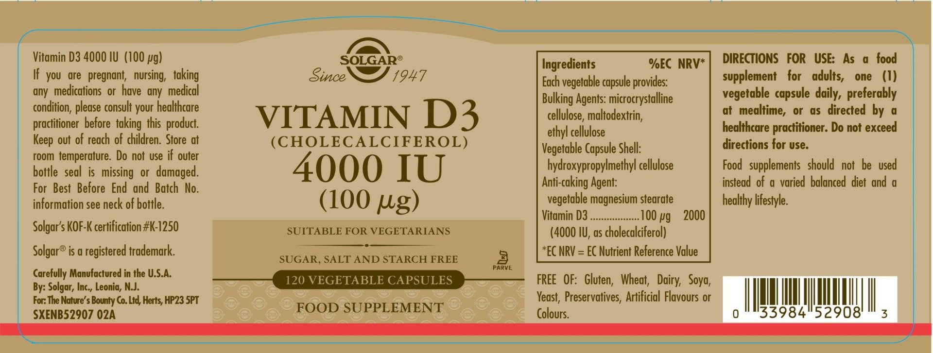 Solgar – Vitamin D3 4000 IU (100 µg) Vegetable 60/120 Capsules