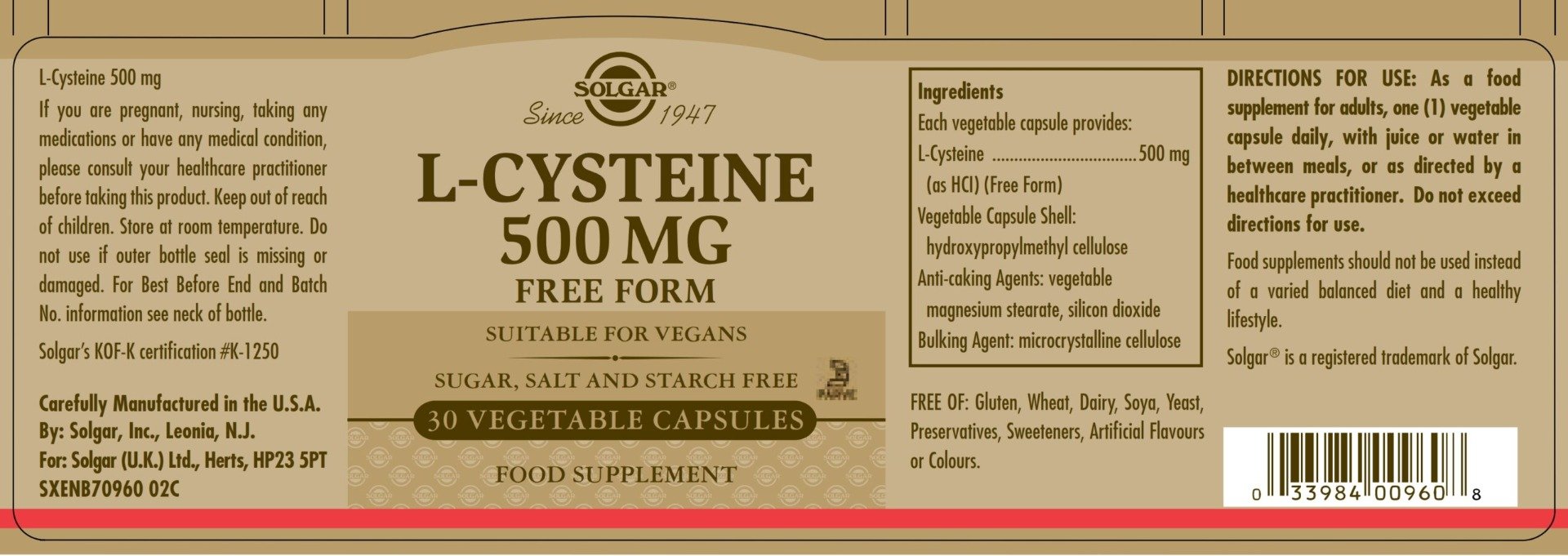 Solgar - L-Cysteine 500 mg - 30 Vegetable Capsules
