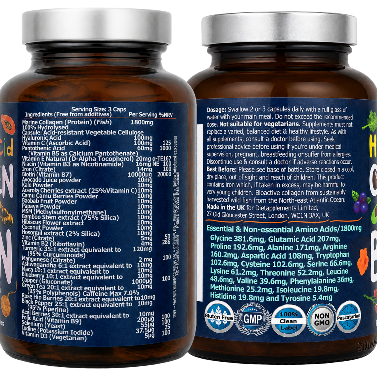 Complete Hair, Skin, Nails Supplement! Marine Collagen, Hyaluronic Acid, Biotin, Vitamins, Minerals, Superfood - 35 Ingredients