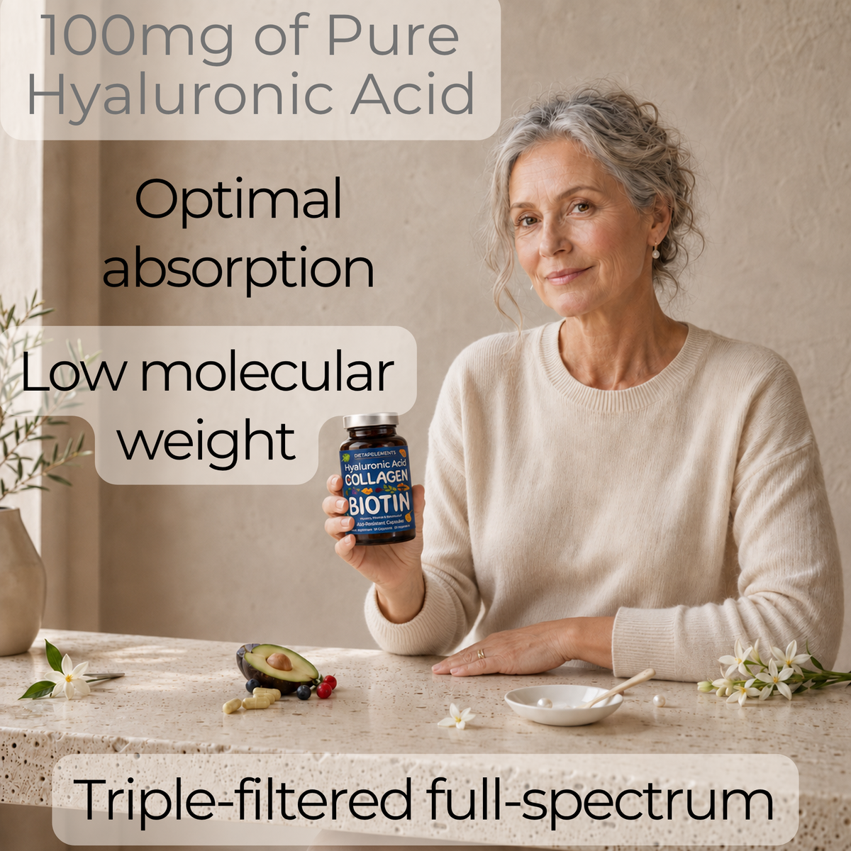 Complete Hair, Skin, Nails Supplement! Marine Collagen, Hyaluronic Acid, Biotin, Vitamins, Minerals, Superfood - 35 Ingredients
