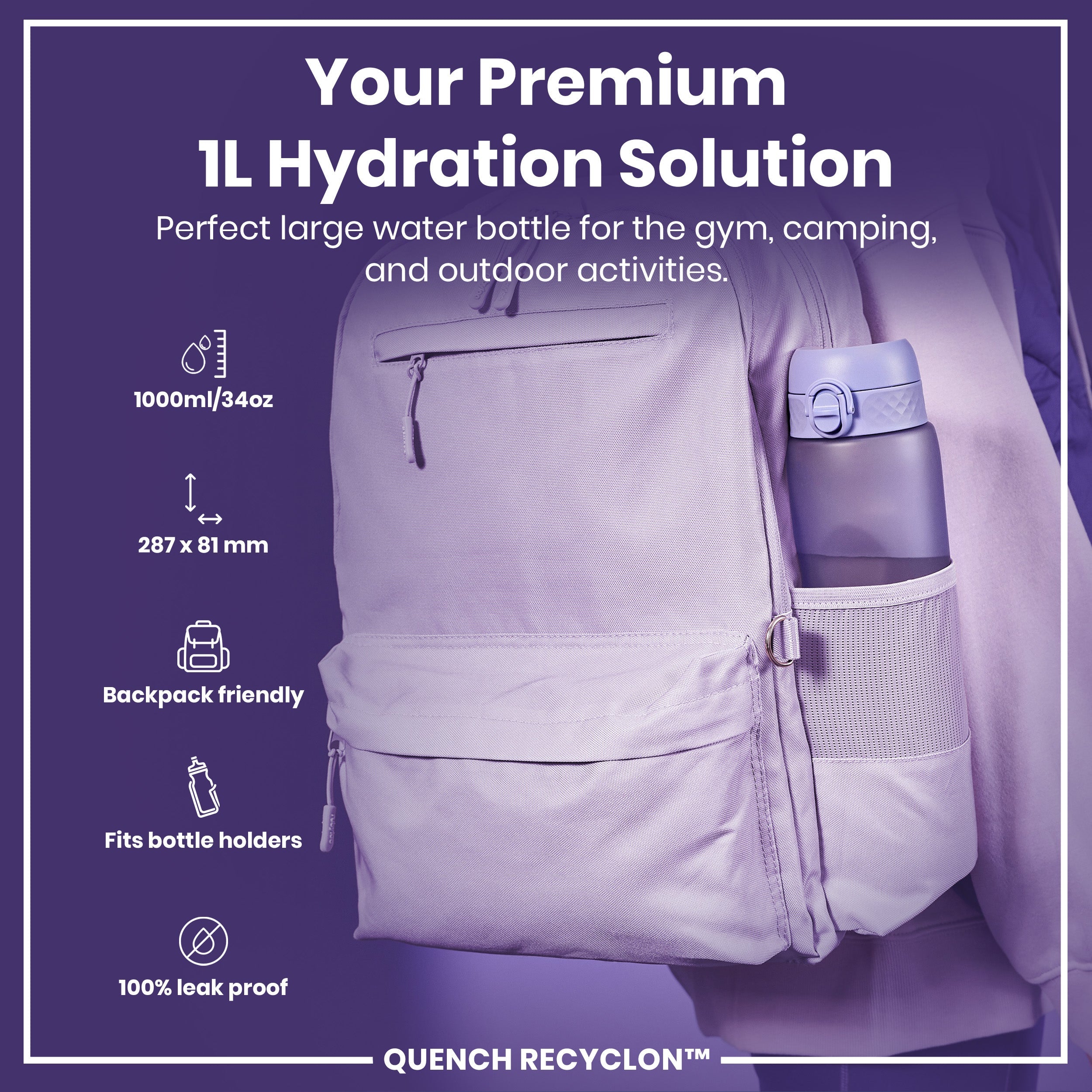 Leak Proof 1 litre Water Bottle, Recyclon, Light Purple, 1L