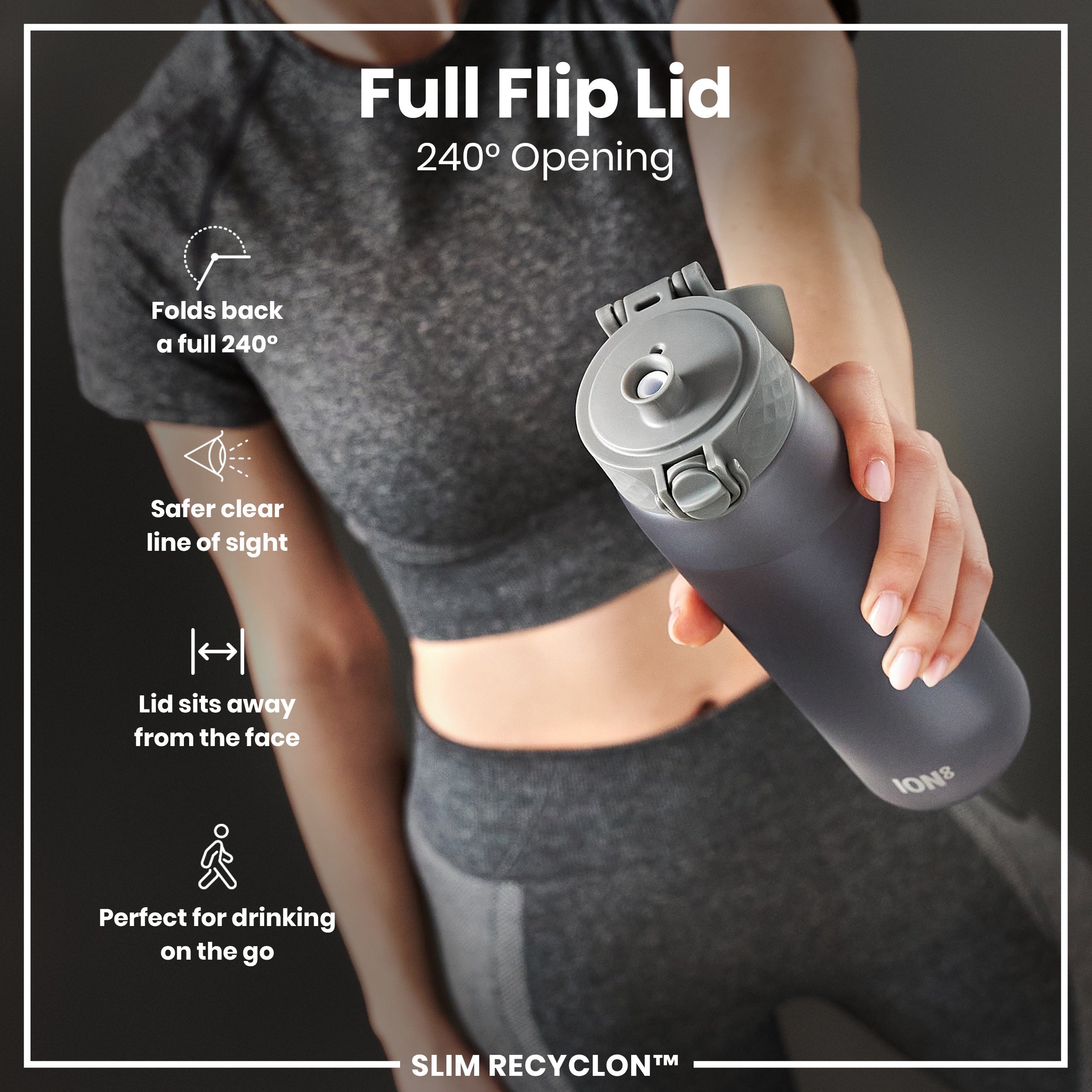 Leak Proof Medium Water Bottle with Straw, Recyclon, Grey, 500ml (18oz)