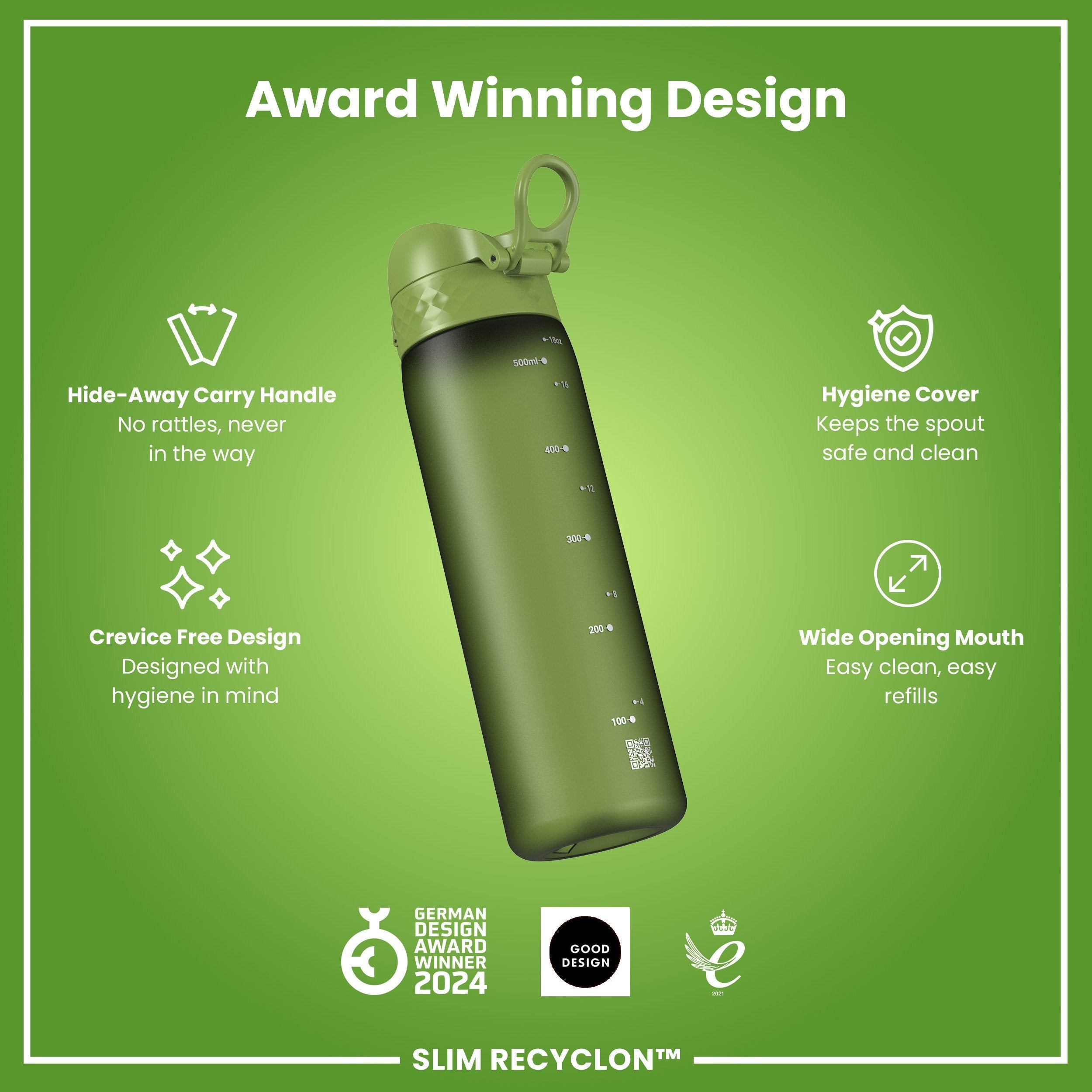 Leak Proof Slim Water Bottle, Recyclon, Khaki Green, 500ml (18oz)