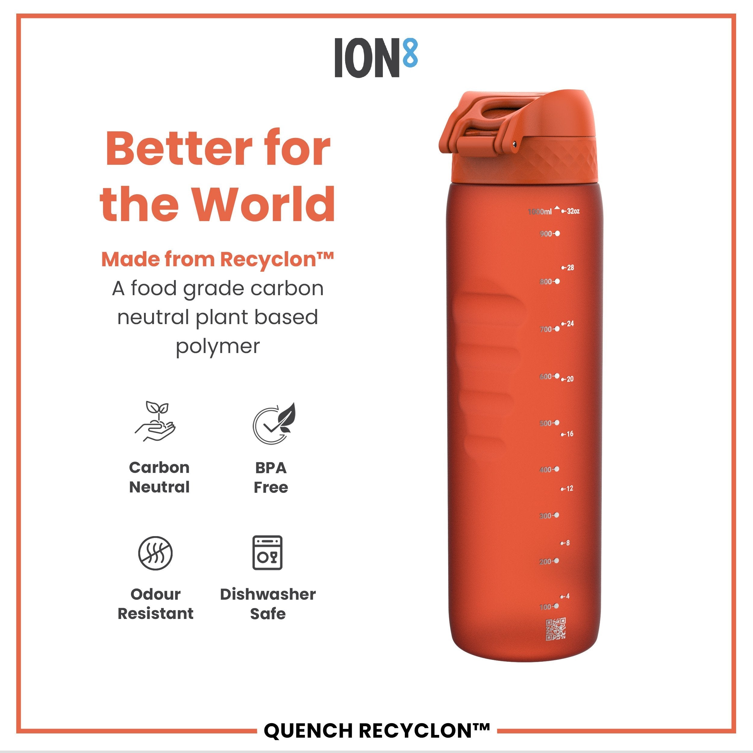 Leak Proof 1 litre Water Bottle, Recyclon, Hearty Orange, 1L