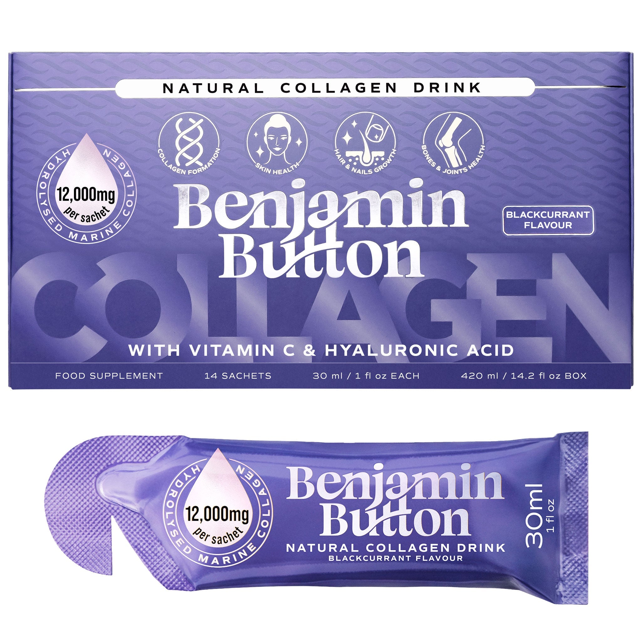 Benjamin Button 12,000mg Marine Collagen Drink - Blackcurrant Liquid Sachets