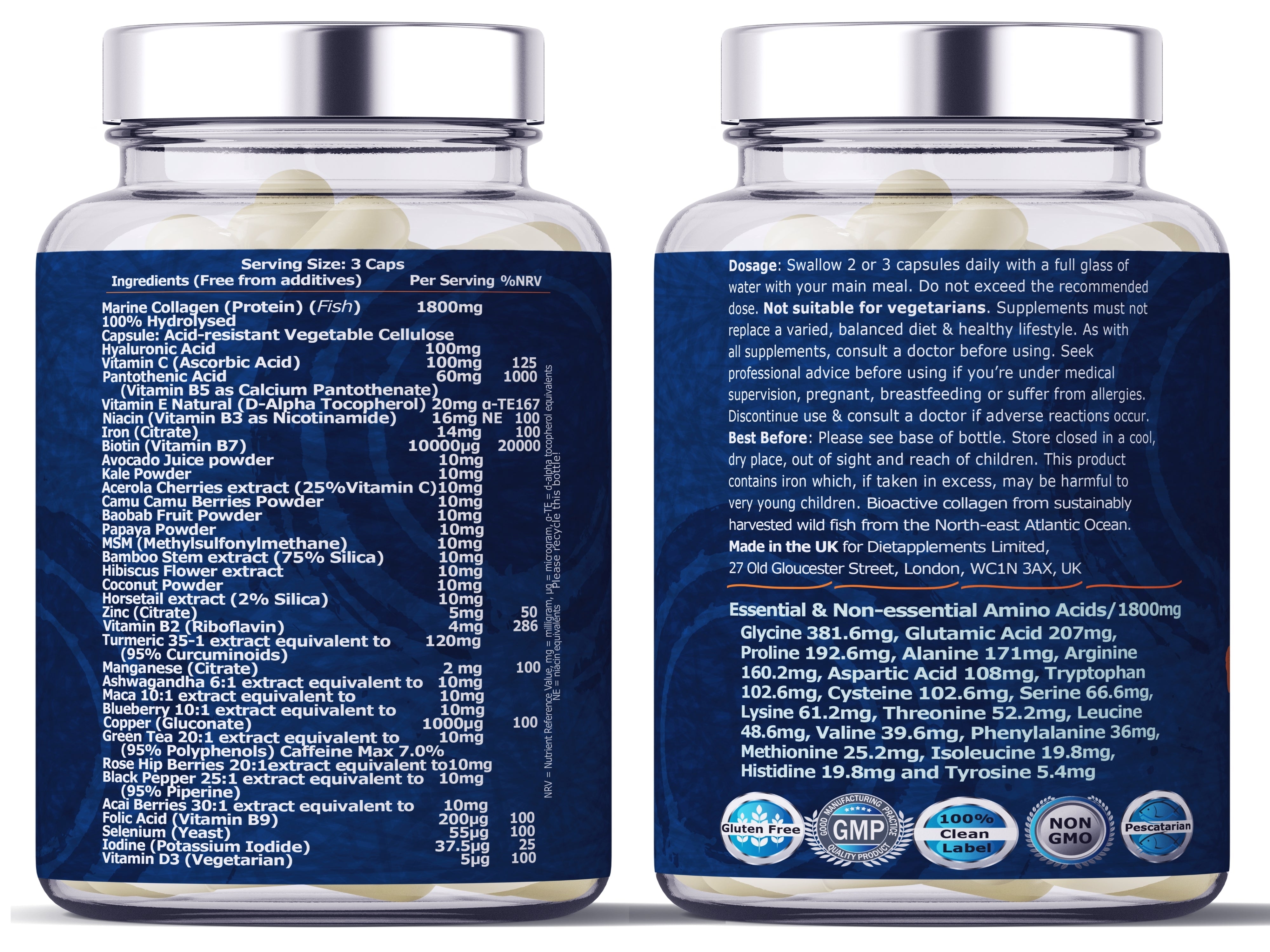 Complete Hair, Skin, Nails Supplement! Marine Collagen, Hyaluronic Acid, Biotin, Vitamins, Minerals, Superfood - 35 Ingredients