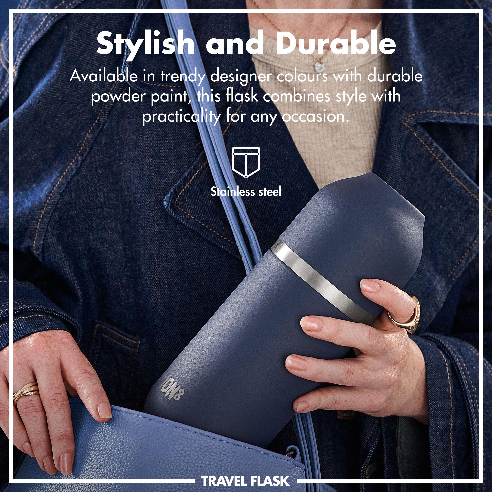 Person holding a blue ION8 travel flask with text about its style and durability.