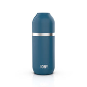Blue water bottle with silver band and 'ION8' branding on a white background