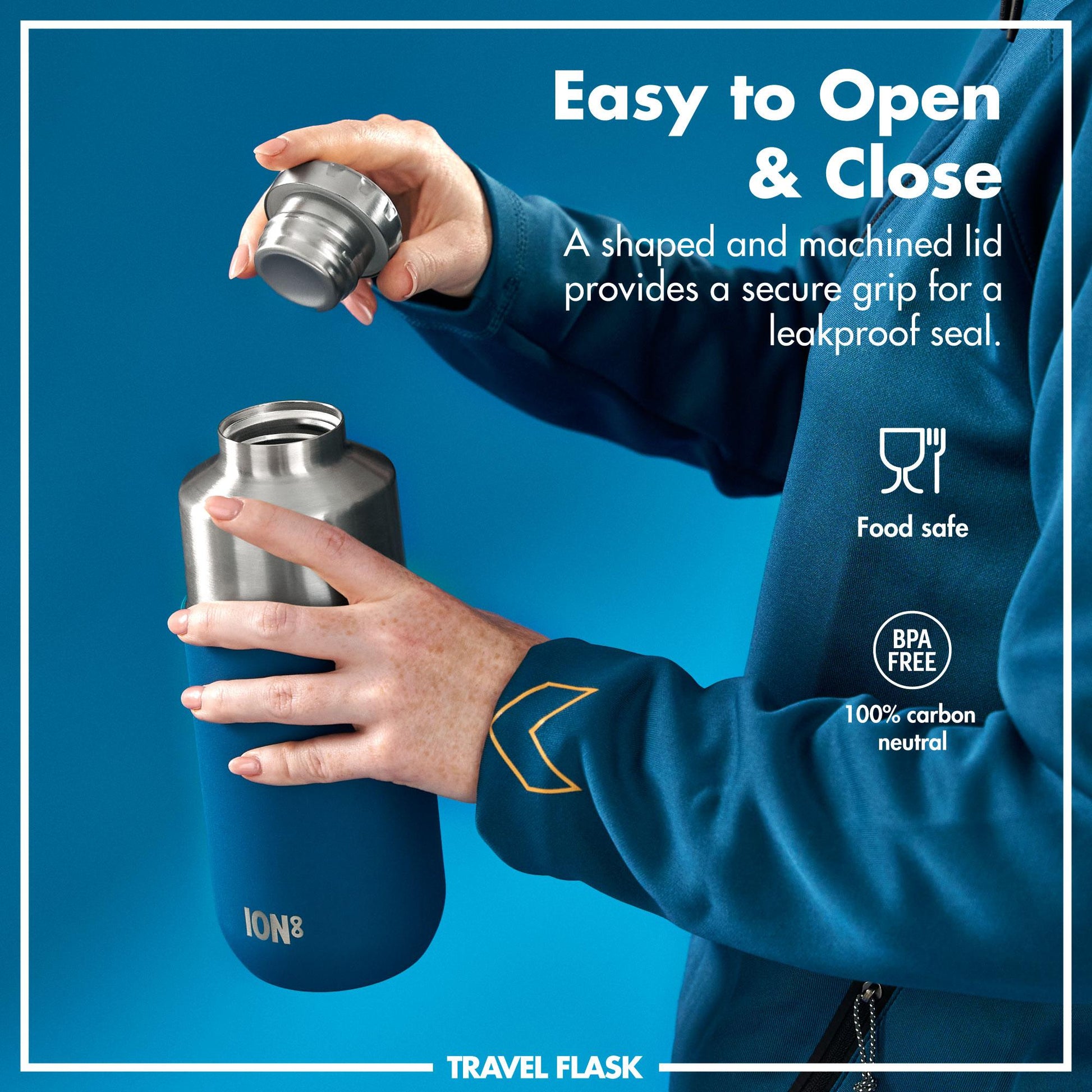 Person opening a blue ION8 travel flask with text about its features on a blue background