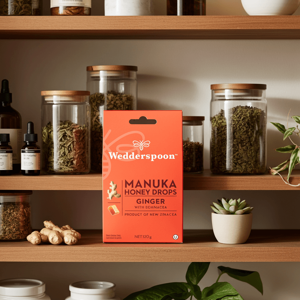 Wedderspoon Manuka Honey Drops – Ginger & Echinacea (20 Drops)