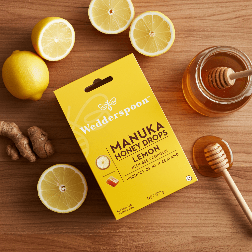 Wedderspoon Manuka Honey Drops – Lemon with Bee Propolis (20 Drops)