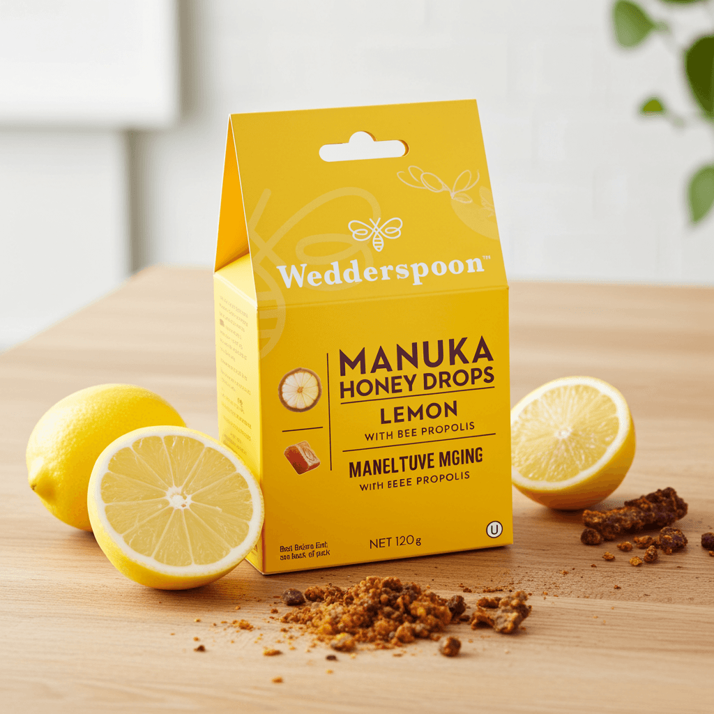 Wedderspoon Manuka Honey Drops – Lemon with Bee Propolis (20 Drops)
