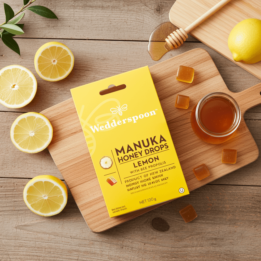 Wedderspoon Manuka Honey Drops – Lemon with Bee Propolis (20 Drops)