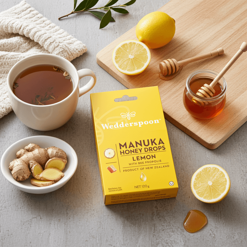 Wedderspoon Manuka Honey Drops – Lemon with Bee Propolis (20 Drops)