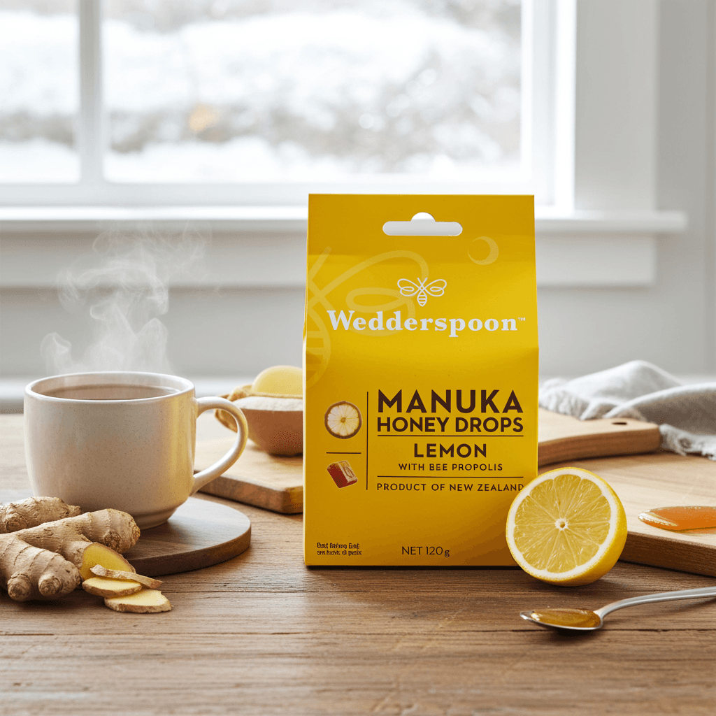 Wedderspoon Manuka Honey Drops – Lemon with Bee Propolis (20 Drops)