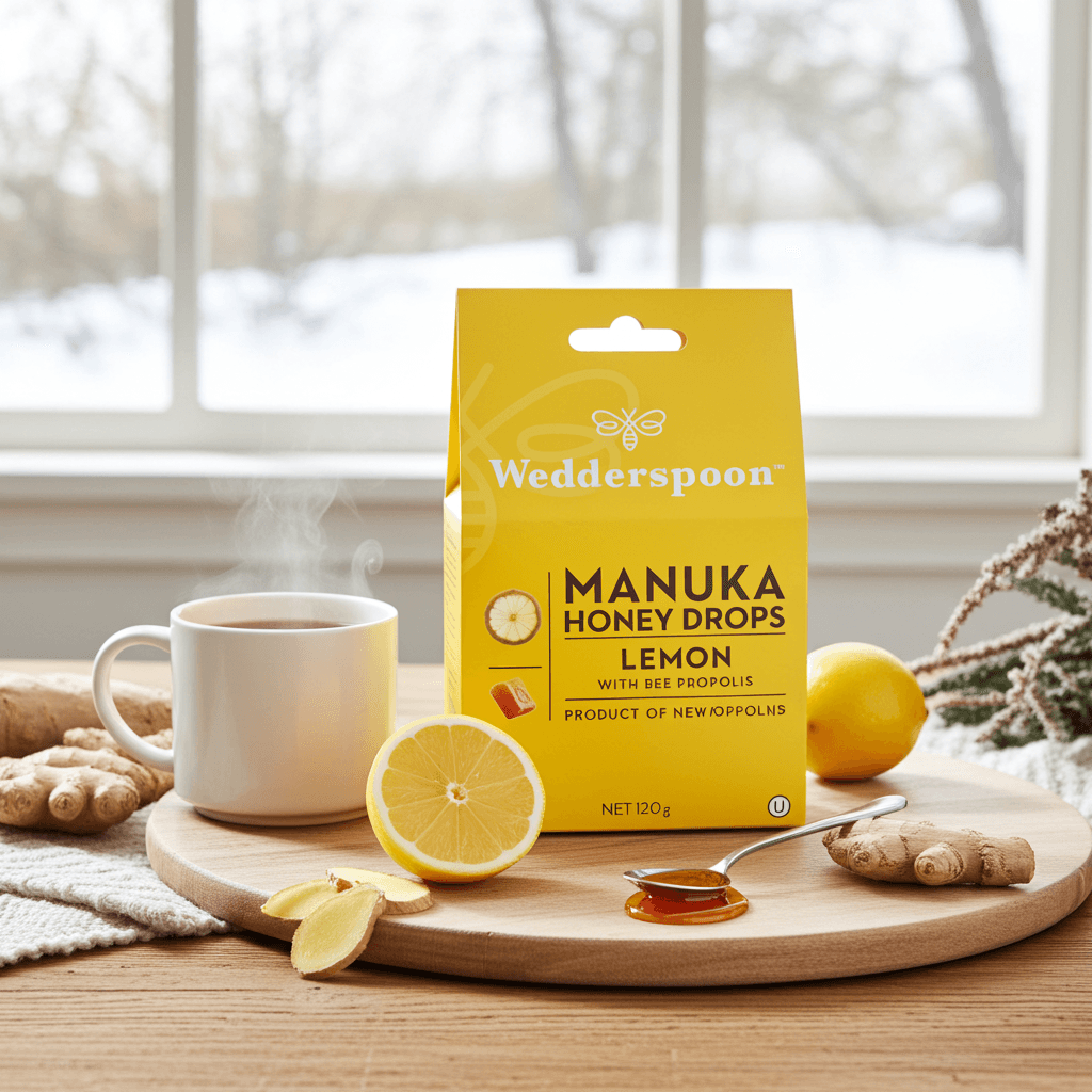 Wedderspoon Manuka Honey Drops – Lemon with Bee Propolis (20 Drops)
