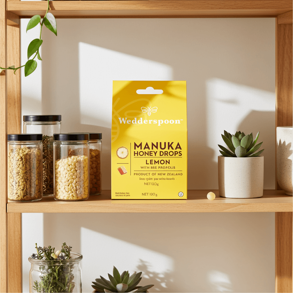 Wedderspoon Manuka Honey Drops – Lemon with Bee Propolis (20 Drops)