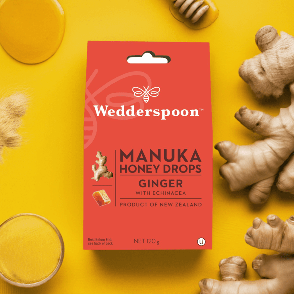 Wedderspoon Manuka Honey Drops – Ginger & Echinacea (20 Drops)