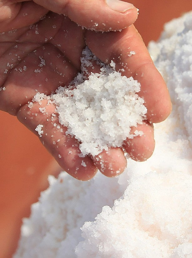A close-up of a hand holding a small pile of coarse white salt crystals, with more salt piled in the background against a warm orange-brown surface.