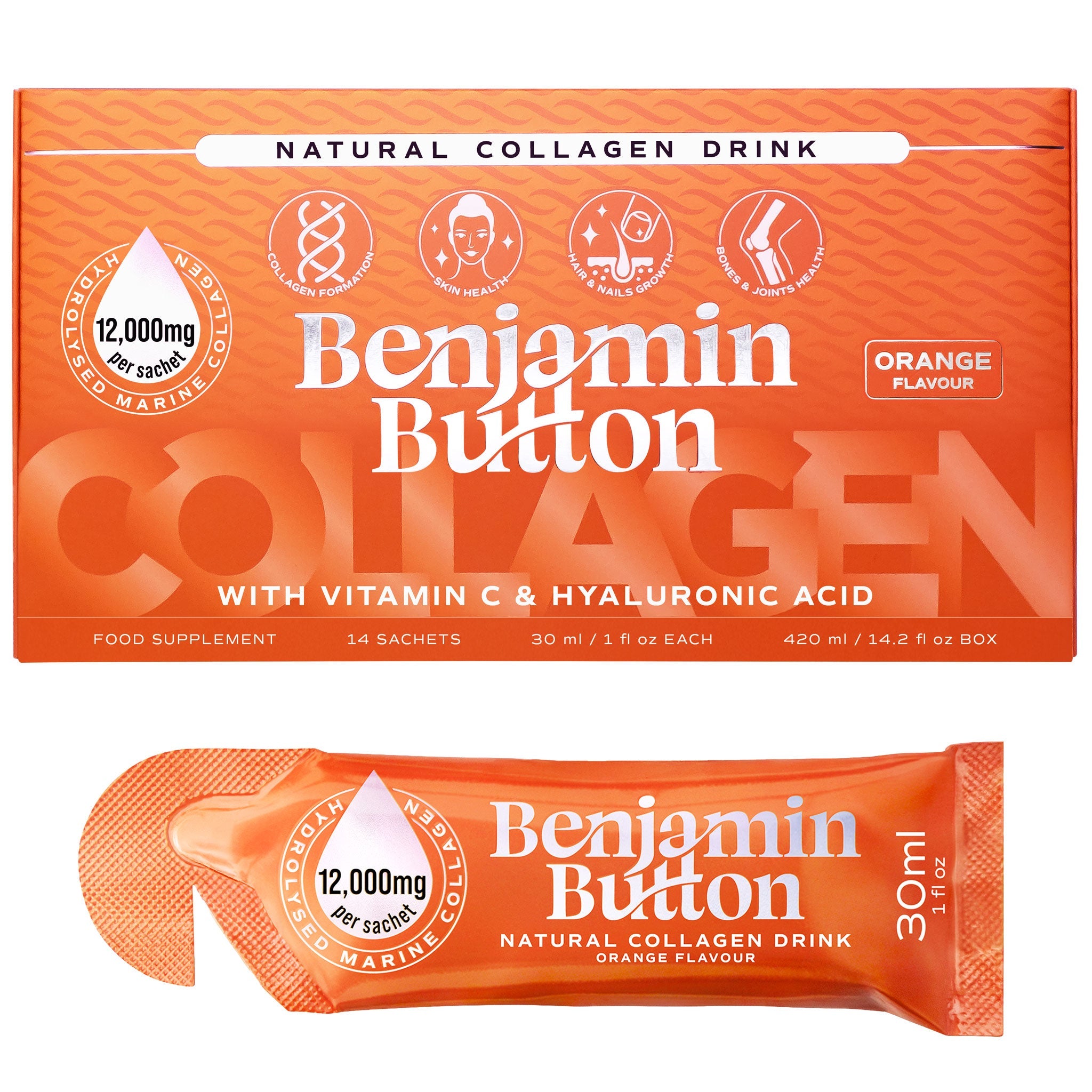 Benjamin Button 12,000mg Marine Collagen Drink - Orange Liquid Sachets