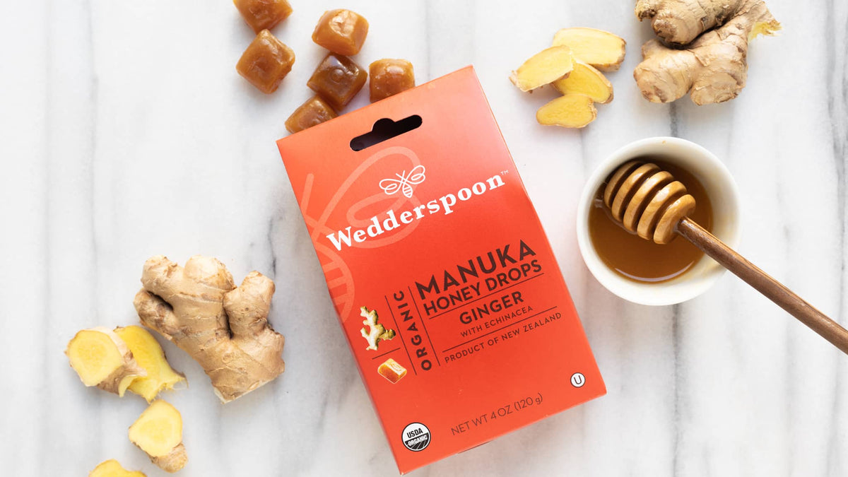Wedderspoon Manuka Honey Drops – Ginger & Echinacea (20 Drops)