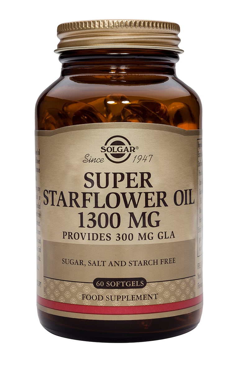 Bottle of Solgar Super Starflower Oil 1300 MG on a white background