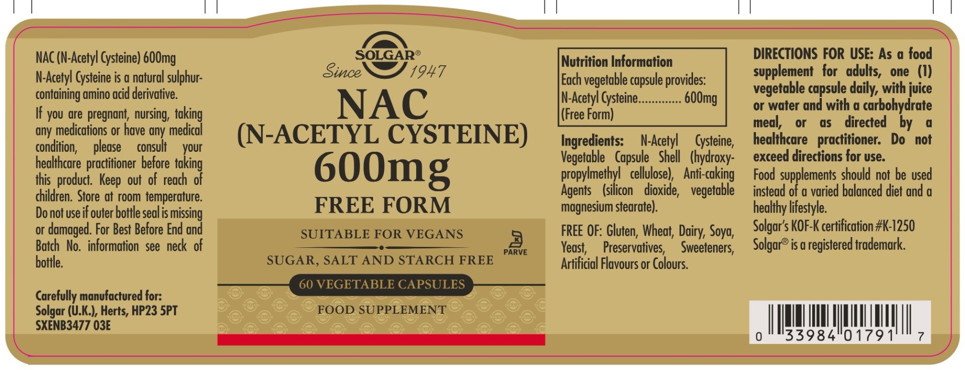 Solgar NAC 600mg label