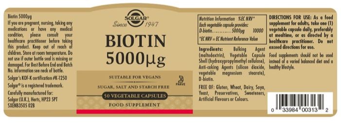 Solgar - Biotin 5000ug 50 veg capsules