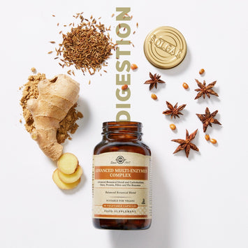 Supplement bottle labeled 'Digestion' with natural ingredients on a light background